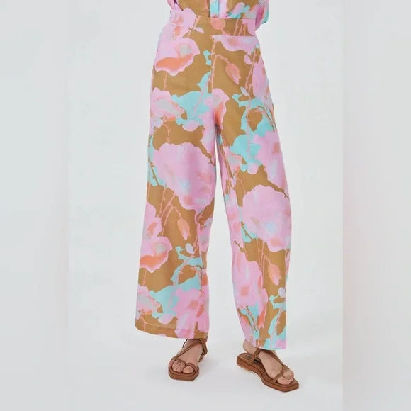 High-Waist Wide-Leg Floral Print Pants - Pink & Brown - Picture 2 of 11